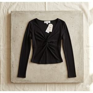 Hippie Rose Black Front Twist Rib-Knit Top - Size M - NWT - Long Sleeve